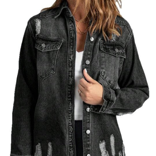 Damen Oversize-Denim-Hemdjacke mit Distressed‑Details und fransigem Saum Shop Nory