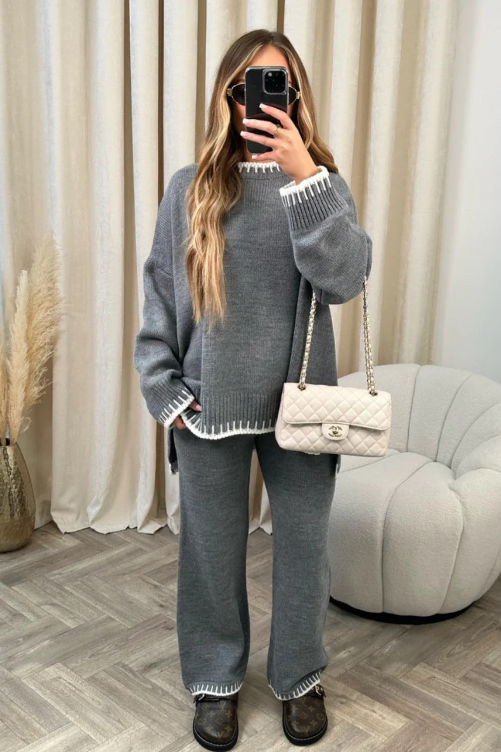 Damen nan lässiger Strick-Hausanzug mit Oversize-Pullover und weiter Strickhose Shop Nory