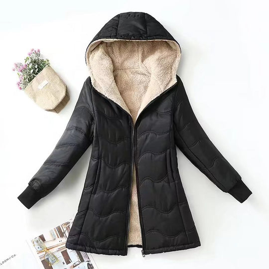 Damen A-Linien Steppmantel mit Kapuze Teddyfutter und Zweiwege-Reißverschluss Shop Nory