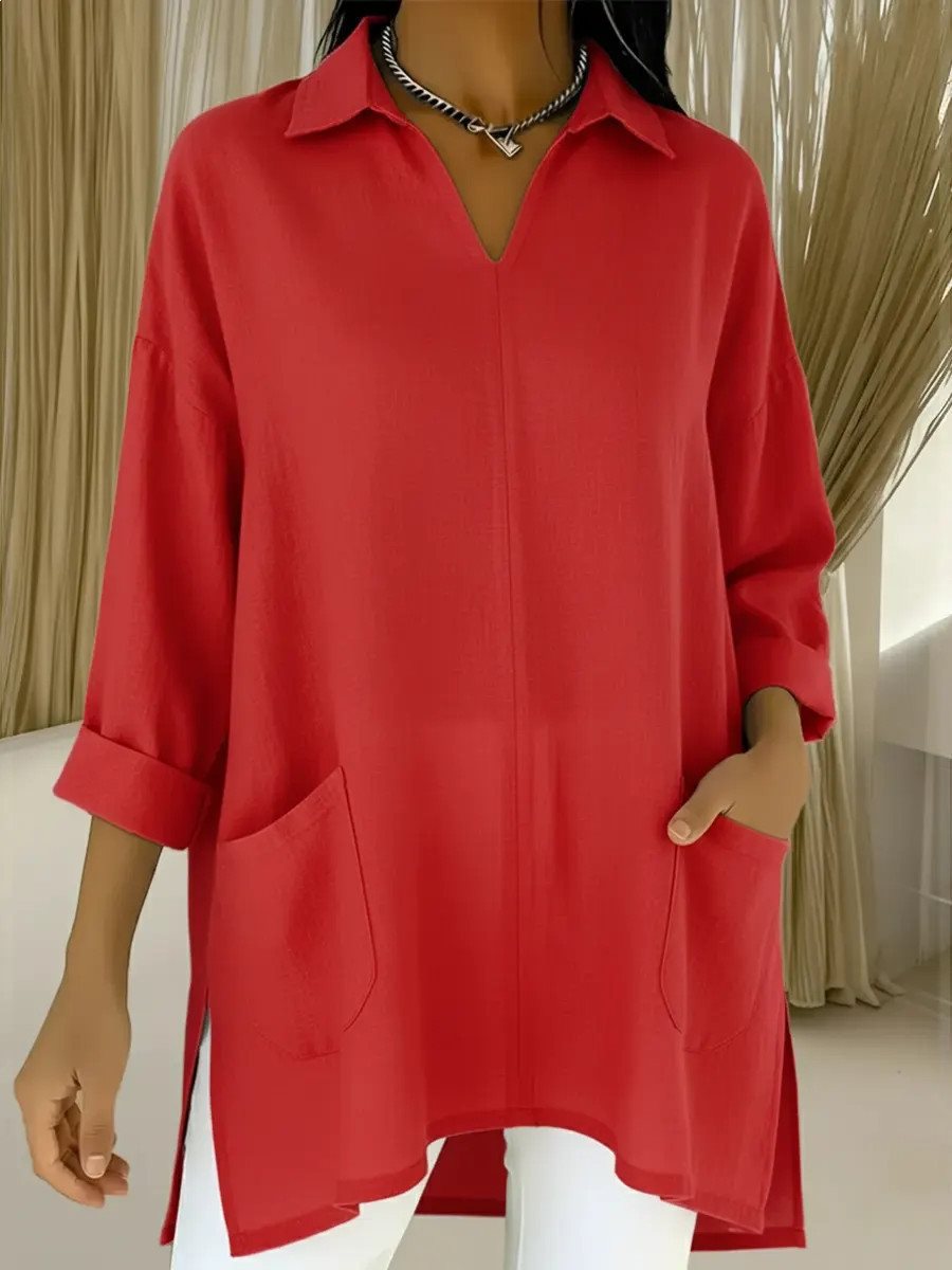 Damen Oversize-Tunika mit Hemdkragen, V-Ausschnitt und aufgesetzten Taschen Shop Nory