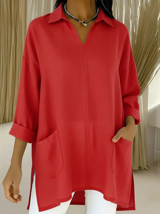 Damen Oversize-Tunika mit Hemdkragen, V-Ausschnitt und aufgesetzten Taschen Shop Nory