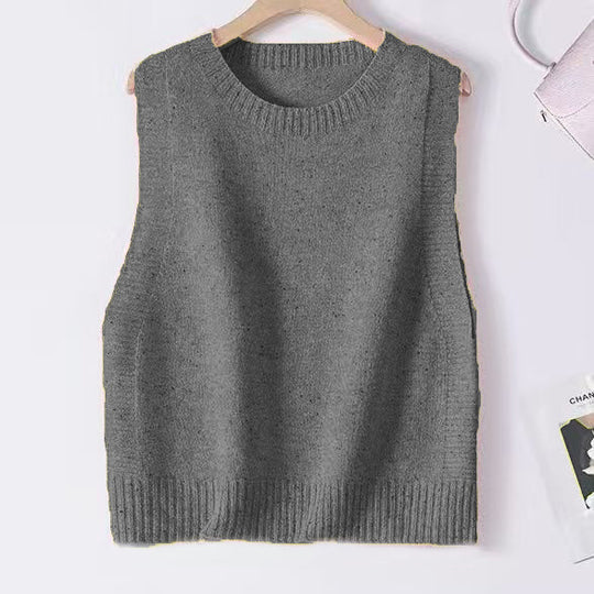 Damen Gestrickte Oversize-Ärmellose Weste mit Rundhalsausschnitt und Rippbündchen Shop Nory