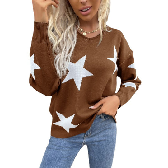 Damen Oversize V‑Ausschnitt Strickpullover mit großem Sternen‑Jacquard Shop Nory