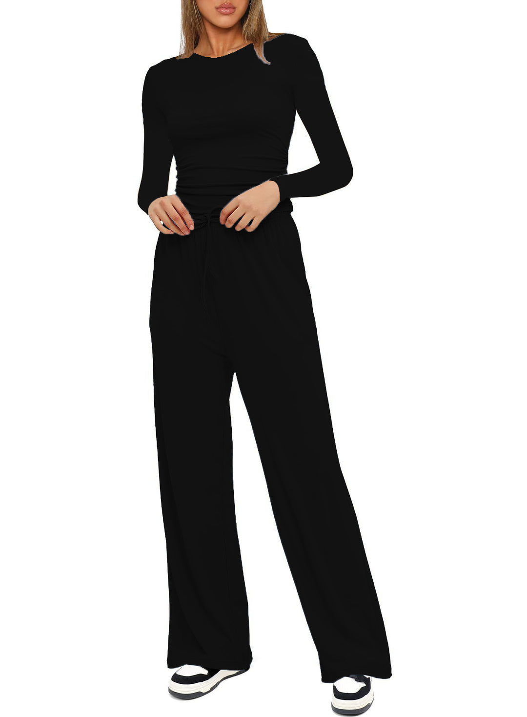 Damen Figurbetontes Longsleeve mit seitlicher Raffung und High-Waist Palazzo-Jogginghose Set Shop Nory