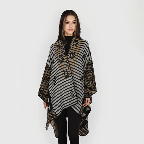 Damen Oversize Jacquard‑Ruana im Ethno‑Patchwork‑Design Shop Nory