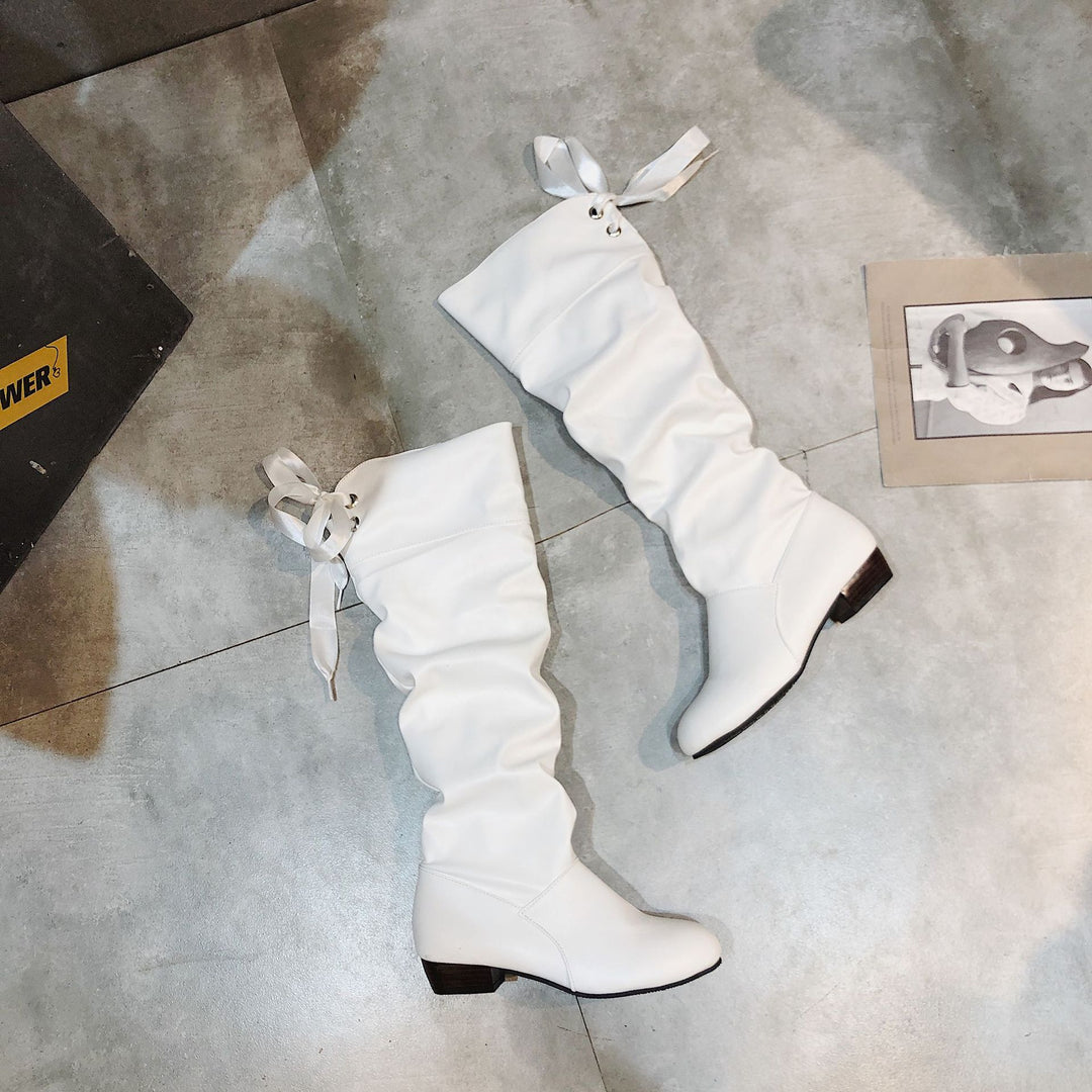 Damen Schaftstiefel kniehoch mit gerafftem Schaft, Bandkordel und niedrigem Blockabsatz Shop Nory