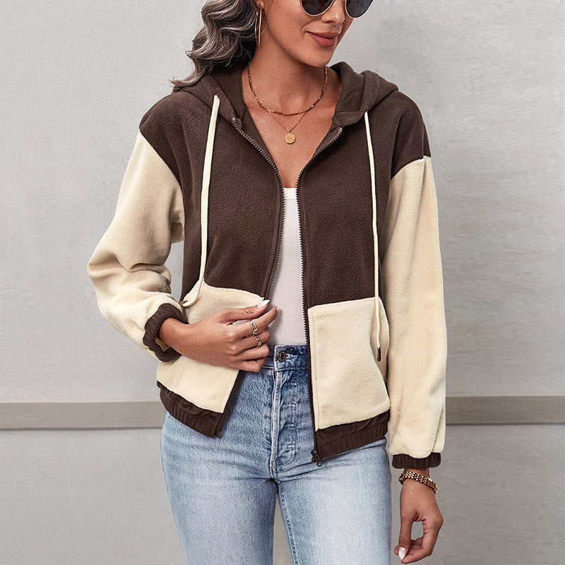 Damen Colorblock-Fleecejacke mit Kapuze, Reißverschluss und Kängurutaschen Shop Nory