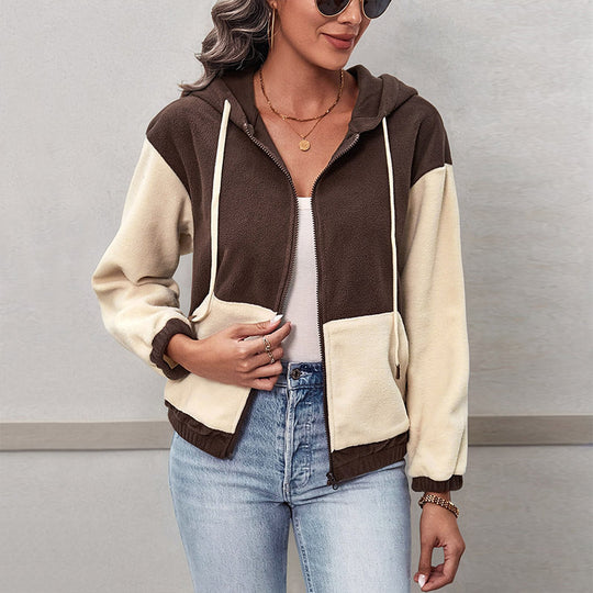 Damen Colorblock-Fleecejacke mit Kapuze, Reißverschluss und Kängurutaschen Shop Nory