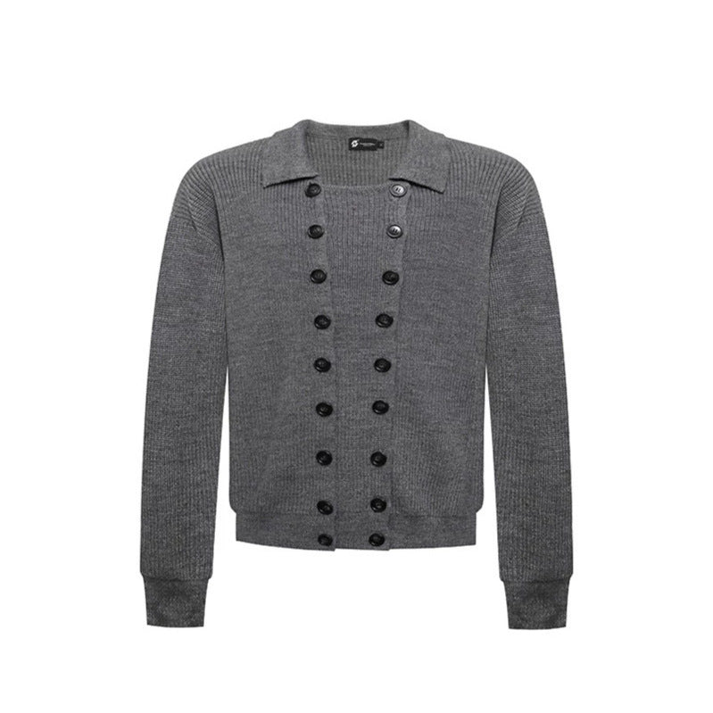 Herren Doppelreihige Strickcardigan mit Hemdkragen und Rippbündchen Shop Nory