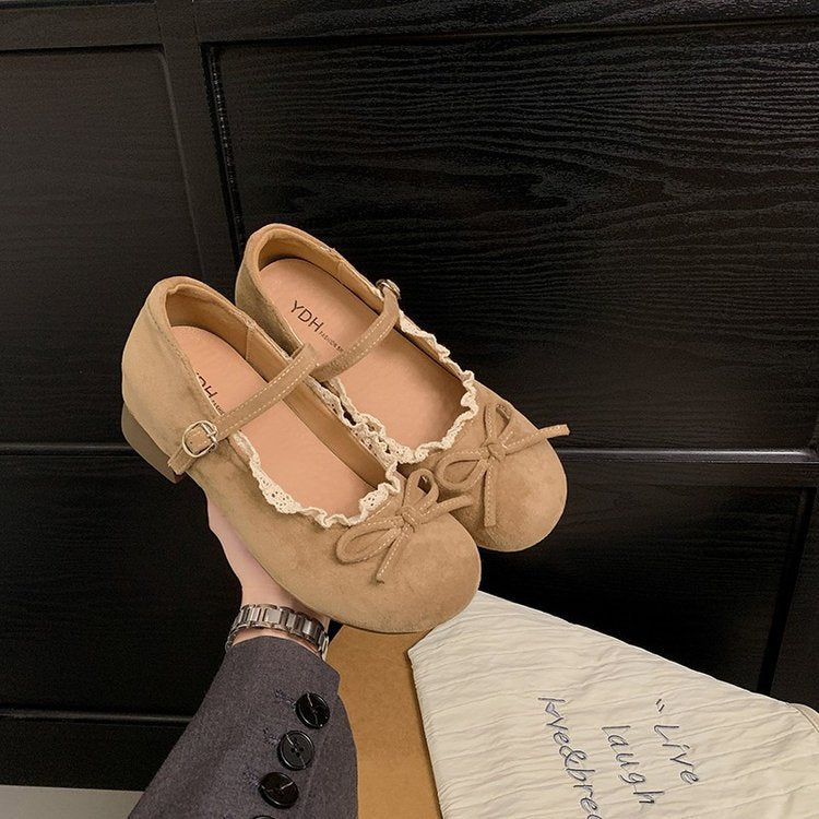 Damen elegante Mary Jane Ballerinas mit dekorativem Spitzenrand und Schleifenakzent