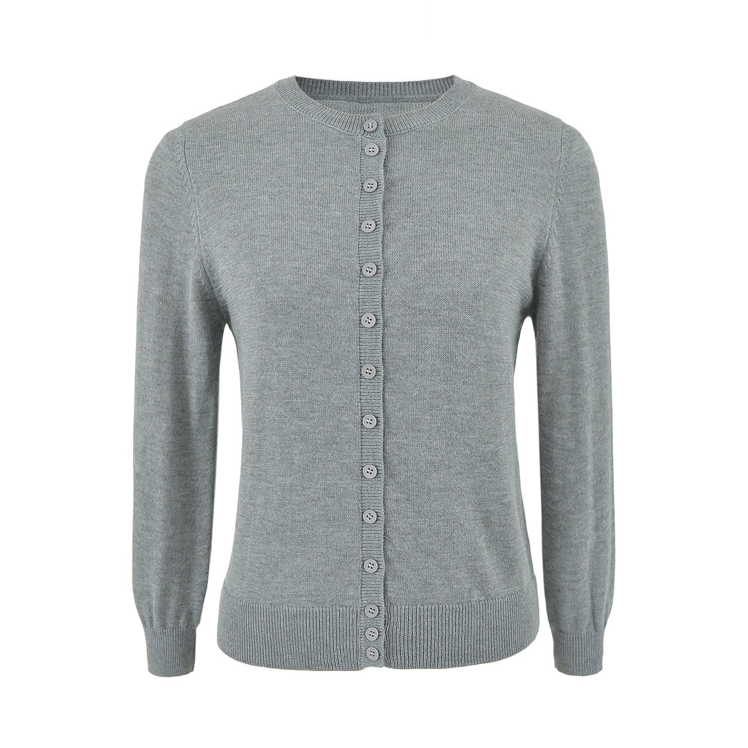 Damen Fein gestrickte Rundhals-Strickjacke mit Knopfleiste und Rippbündchen Shop Nory