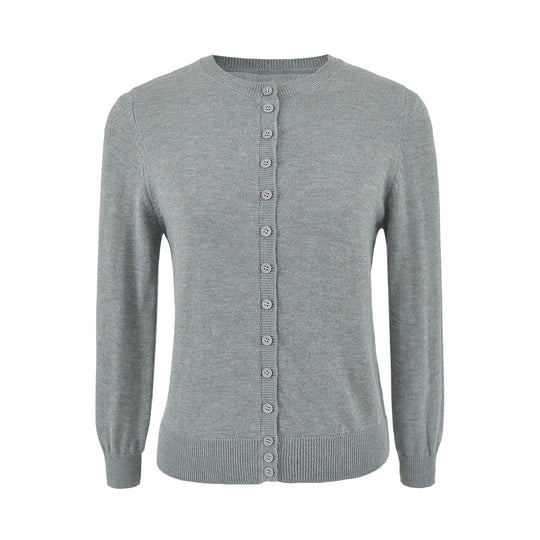Damen Fein gestrickte Rundhals-Strickjacke mit Knopfleiste und Rippbündchen Shop Nory