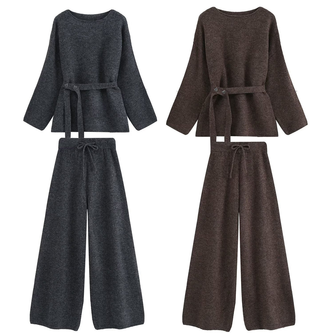 Damen Zweiteiliges Strick-Lounge-Set mit Taillengürtel und weiter Palazzo-Hose Shop Nory