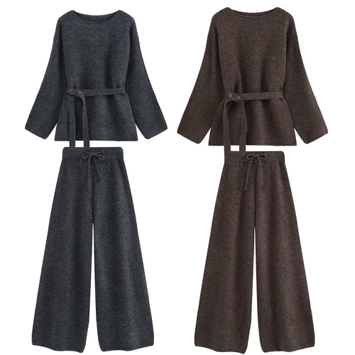 Damen Zweiteiliges Strick-Lounge-Set mit Taillengürtel und weiter Palazzo-Hose Shop Nory