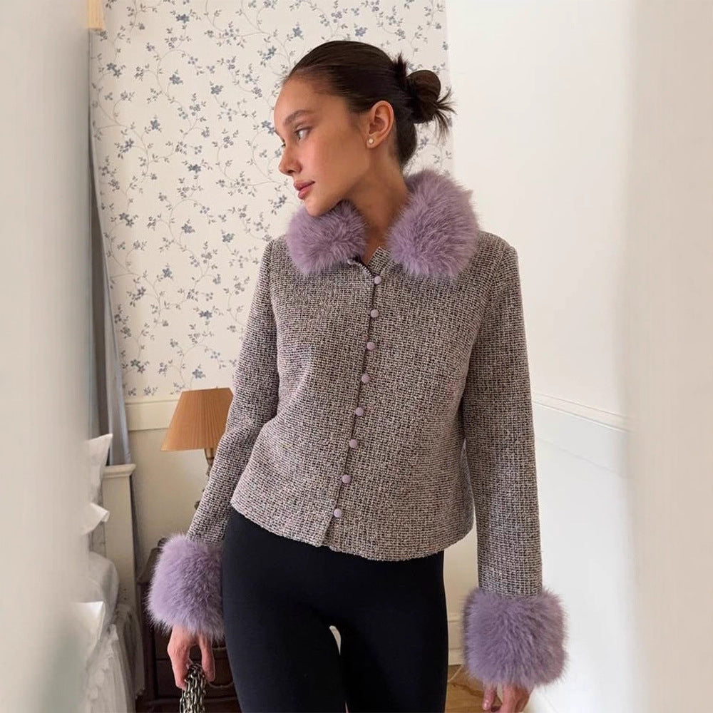 Damen Bouclé‑Jacke mit abnehmbarem Webpelzkragen und Fellmanschetten Shop Nory