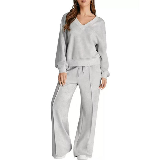 Damen Lässiges V-Ausschnitt Freizeit-Set mit weiter Jogginghose Shop Nory