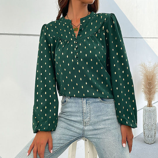 Damen Leichte Viskose-Bluse mit Stehkragen, Knopfleiste und feinem Tropfenprint Shop Nory