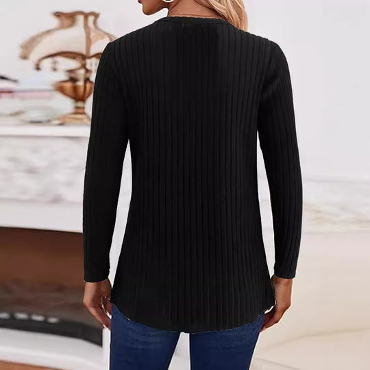Damen Gerippter Feinstrickpullover mit V-Notch-Ausschnitt und seitlichen Zierknöpfen Shop Nory