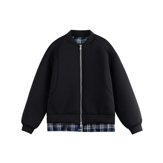 Damen Zwei‑in‑Eins Bomber‑Sweatjacke mit Karo‑Layer‑Einsatz und Stehkragen Shop Nory