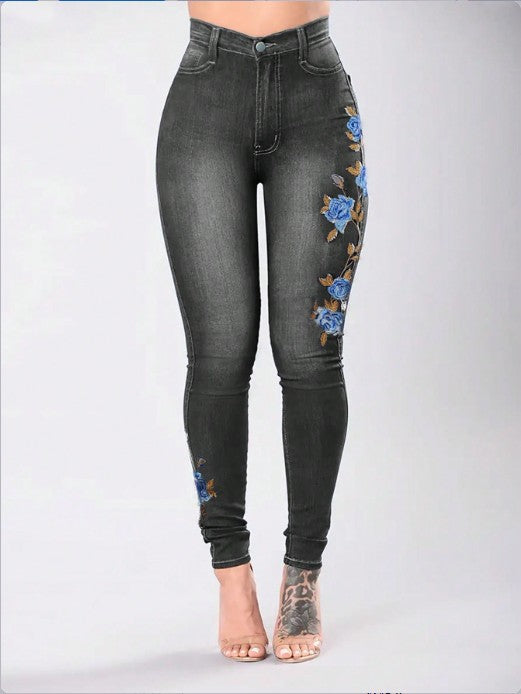 Damen Hochtaillierte Sculpting-Skinny-Jeans mit seitlicher Blumenstickerei Shop Nory