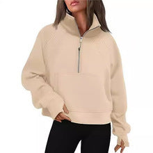 Damen nan weit geschnittenes Kurzpullover mit Stehkragen, halbem Reißverschluss und Kängurutasche Shop Nory
