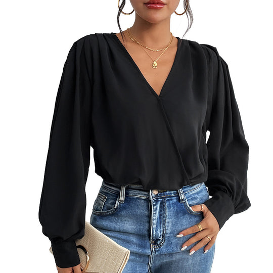 Damen Wickelbluse mit V-Ausschnitt, gepufften Schultern und elastischem Saum Shop Nory