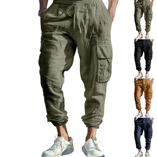 Herren nan lässige Cargohose im Joggerstil mit Crinkle-Leinenoptik Kordelbund und Mehrfachtaschen Shop Nory