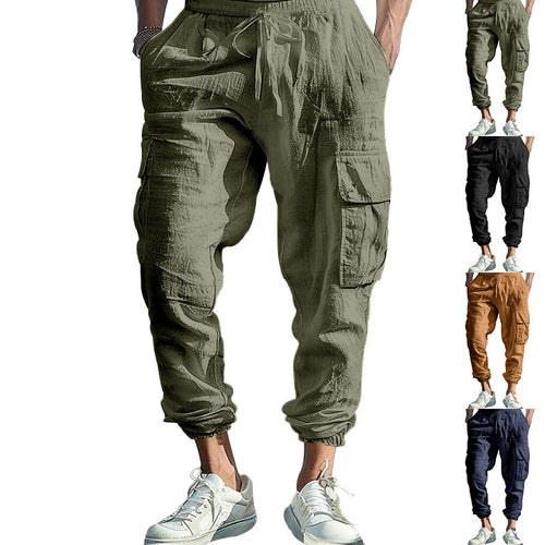 Herren nan lässige Cargohose im Joggerstil mit Crinkle-Leinenoptik Kordelbund und Mehrfachtaschen Shop Nory