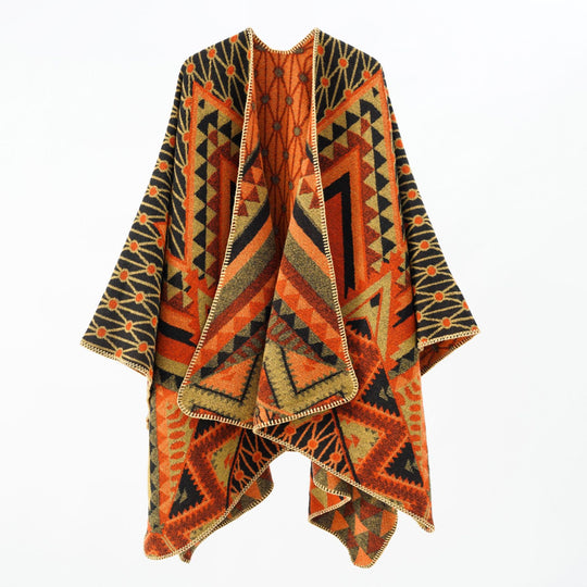 Damen Strukturiertes Jacquard-Poncho-Überwurf mit grafischem Ethno-Muster und offenem Kimono-Fall Shop Nory
