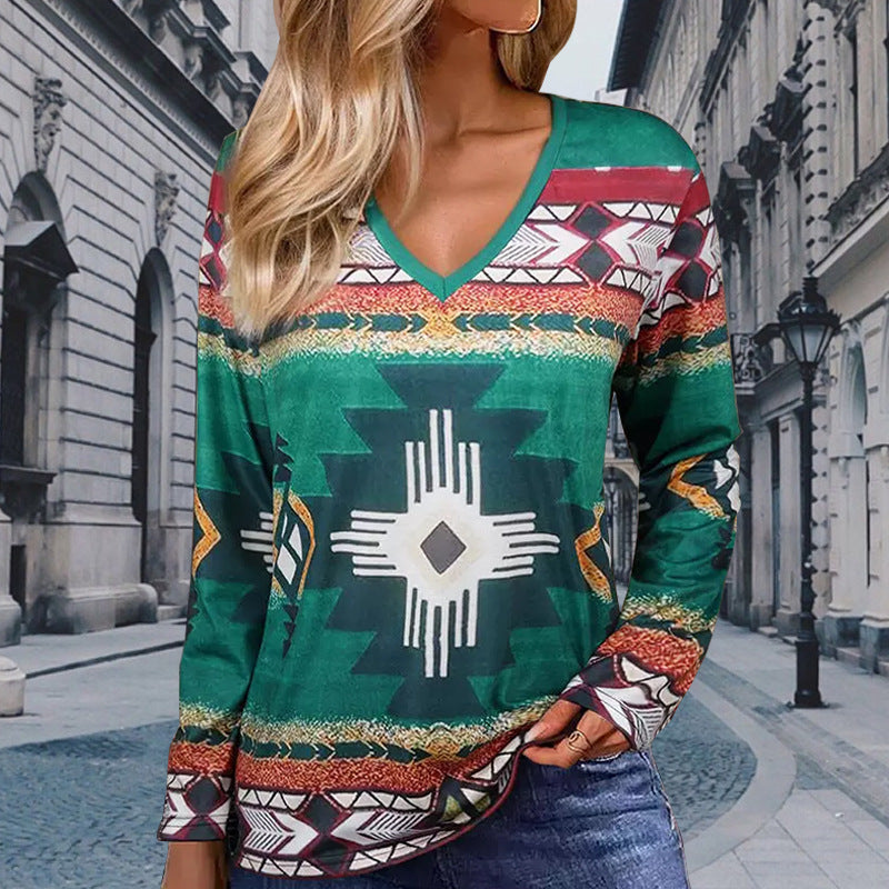 Damen Langarmshirt mit V-Ausschnitt und grafischem Ethno-Print legerer Schnitt Shop Nory