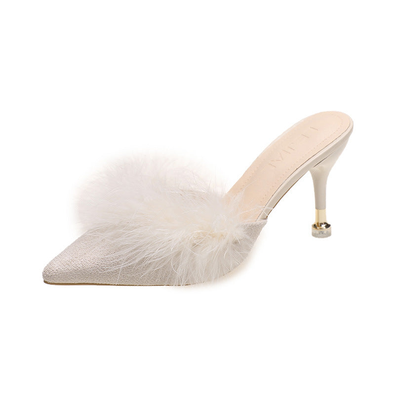 Damen Elegante Mules mit luxuriösen Federn und schickem Absatz