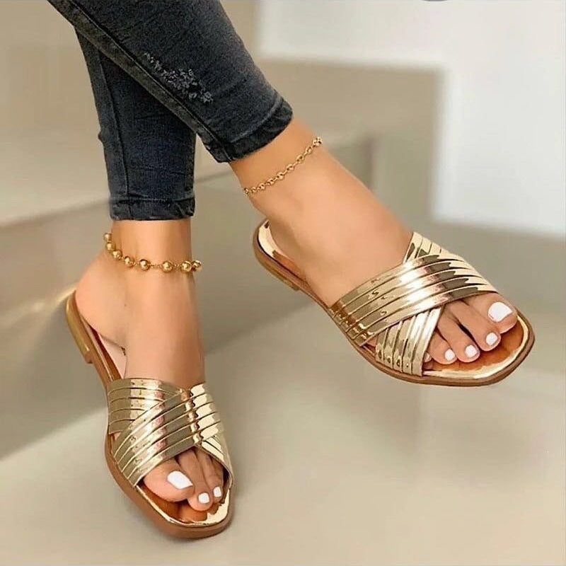 Damen Geflochtene Metallic-Slipper mit überkreuzten Riemen und flacher Komfortsohle Shop Nory