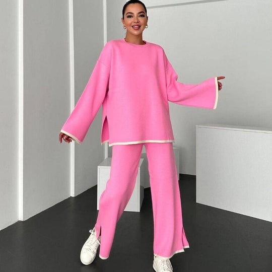 Damen Lässiges Strick-Relax-Set mit weitem Oversize-Pullover und ausgestellter Schlaghose Shop Nory