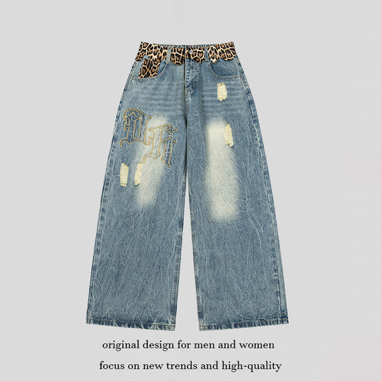 Damen weite Palazzo-Jeans mit destroyed-Details, Leopard-Bund und Gothic-Stickerei Shop Nory