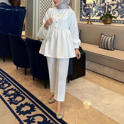 Damen Elegantes Tunika‑Hosen‑Set mit geraffter Empire‑Tunika und schlanker Anzughose Shop Nory