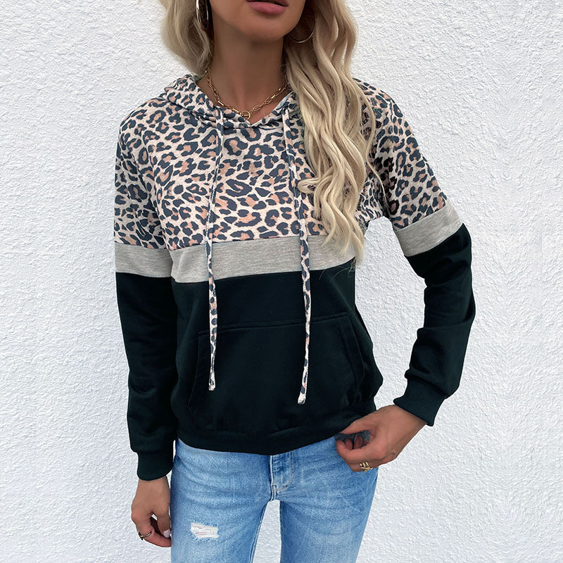 Damen Kapuzenpullover im Blockdesign mit Leopardenmuster, Kängurutasche und Tunnelzug Shop Nory