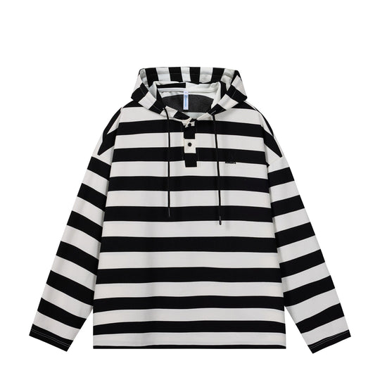 Herren Gestreiftes Kapuzen-Rugbyshirt im Oversize-Schnitt mit Knopfleiste Shop Nory