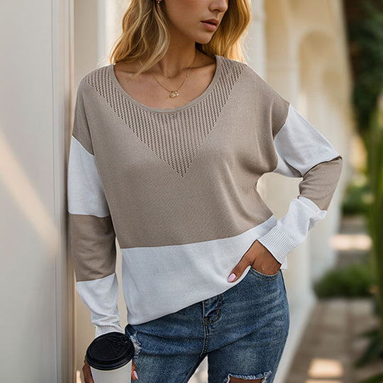 Damen Oversize Strickpullover mit Rundhals, Ajour-Dreieck und Blockstreifen Shop Nory