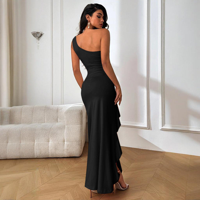 Damen elegantes Langarm-Maxi-Kleid mit asymmetrischem Saum Shopnory