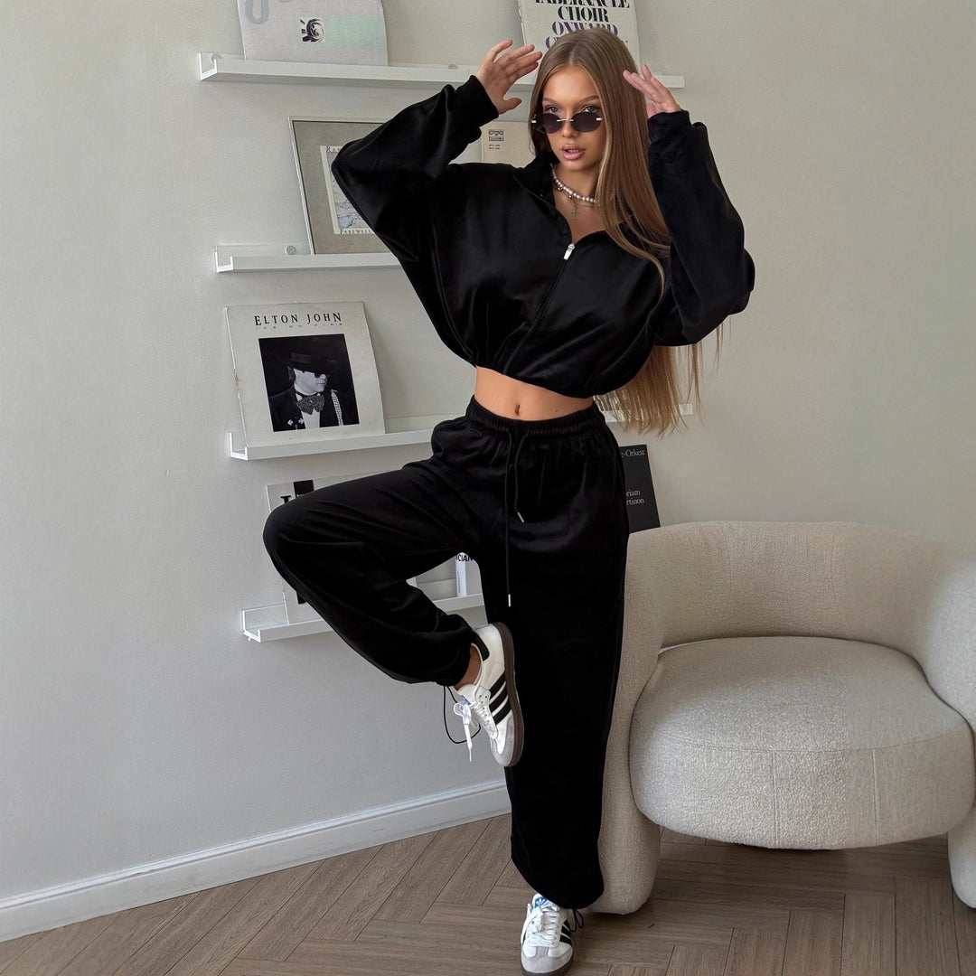 Damen Samt-Loungewear-Set mit kurzem Reißverschluss-Sweater und weitem Kordelzug-Hose Shop Nory