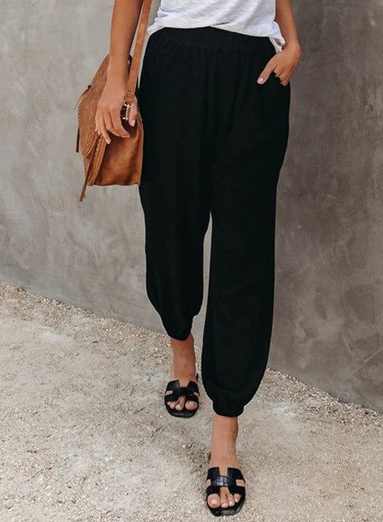 Damen lässige Leinen-Hose mit elastischem Bund und Gummizug