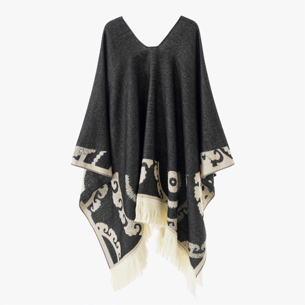 Damen Wollmix-Medallionponcho mit V-Ausschnitt und Fransensaum Shop Nory