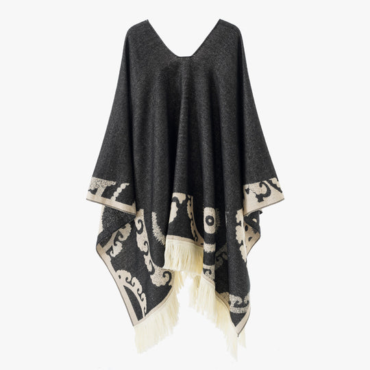 Damen Wollmix-Medallionponcho mit V-Ausschnitt und Fransensaum Shop Nory