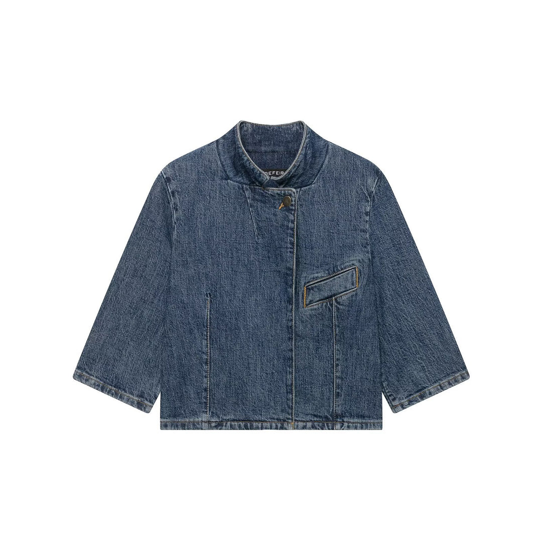 Damen Cropped Jeansjacke im Boxy-Cut mit Stehkragen und verdeckter Knopfleiste Shop Nory