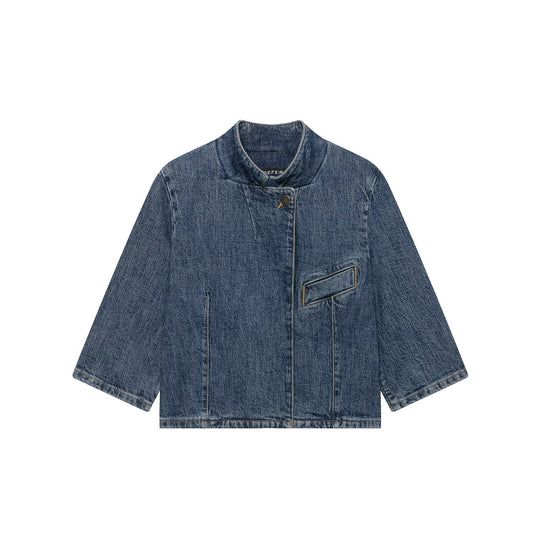 Damen Cropped Jeansjacke im Boxy-Cut mit Stehkragen und verdeckter Knopfleiste Shop Nory