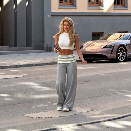 Damen weite hochgeschnittene Lounge-Hose mit gefaltetem Bund und fließender Jersey-Qualität Shop Nory