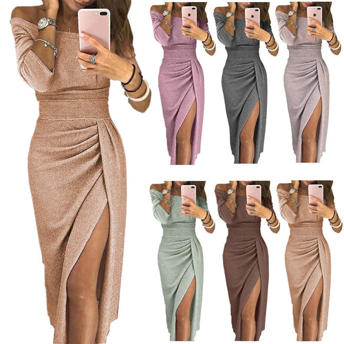 Damen glamouröses Midikleid mit Off-Shoulder-Design und schimmerndem Stoff