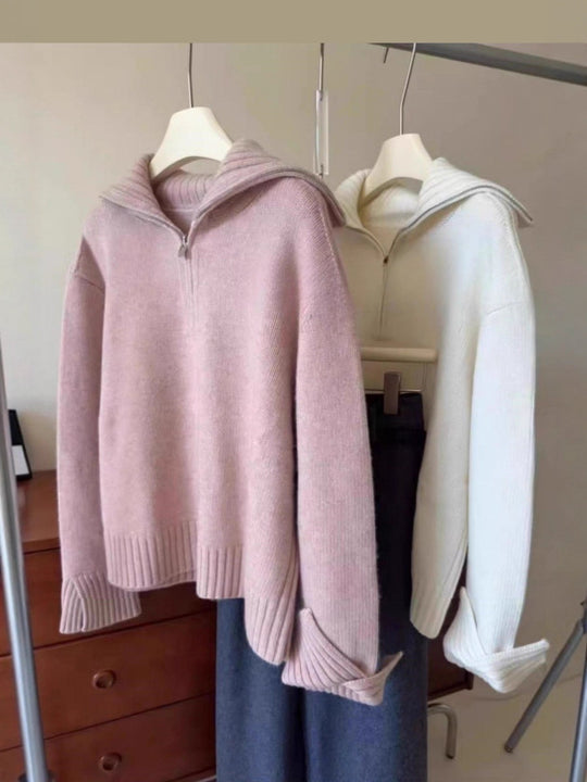 Damen Oversize Feinstrickpullover mit halbem Reißverschluss und weitem Rollkragen Shop Nory