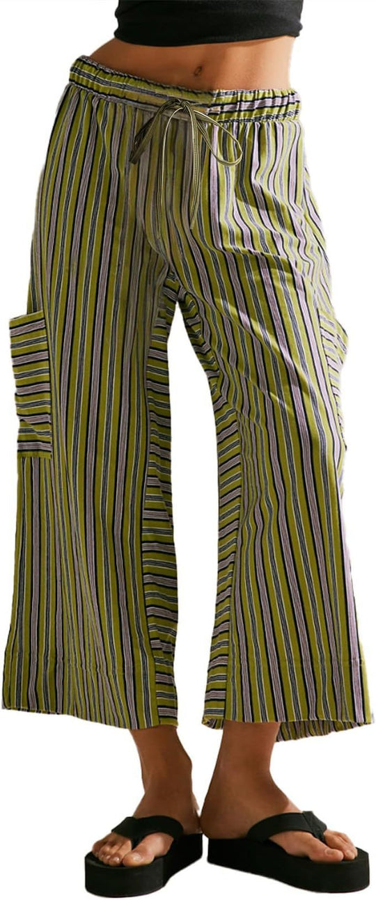 Damen gestreifte weit geschnittene Jogginghose mit Kordelzug und seitlichen aufgesetzten Taschen Shop Nory