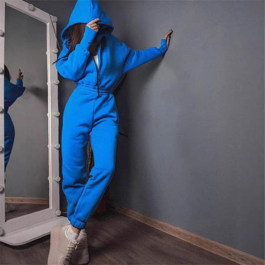 Damen Taillierter Kapuzen-Sweat-Jumpsuit mit Reißverschluss und elastischem Taillenbund Shop Nory